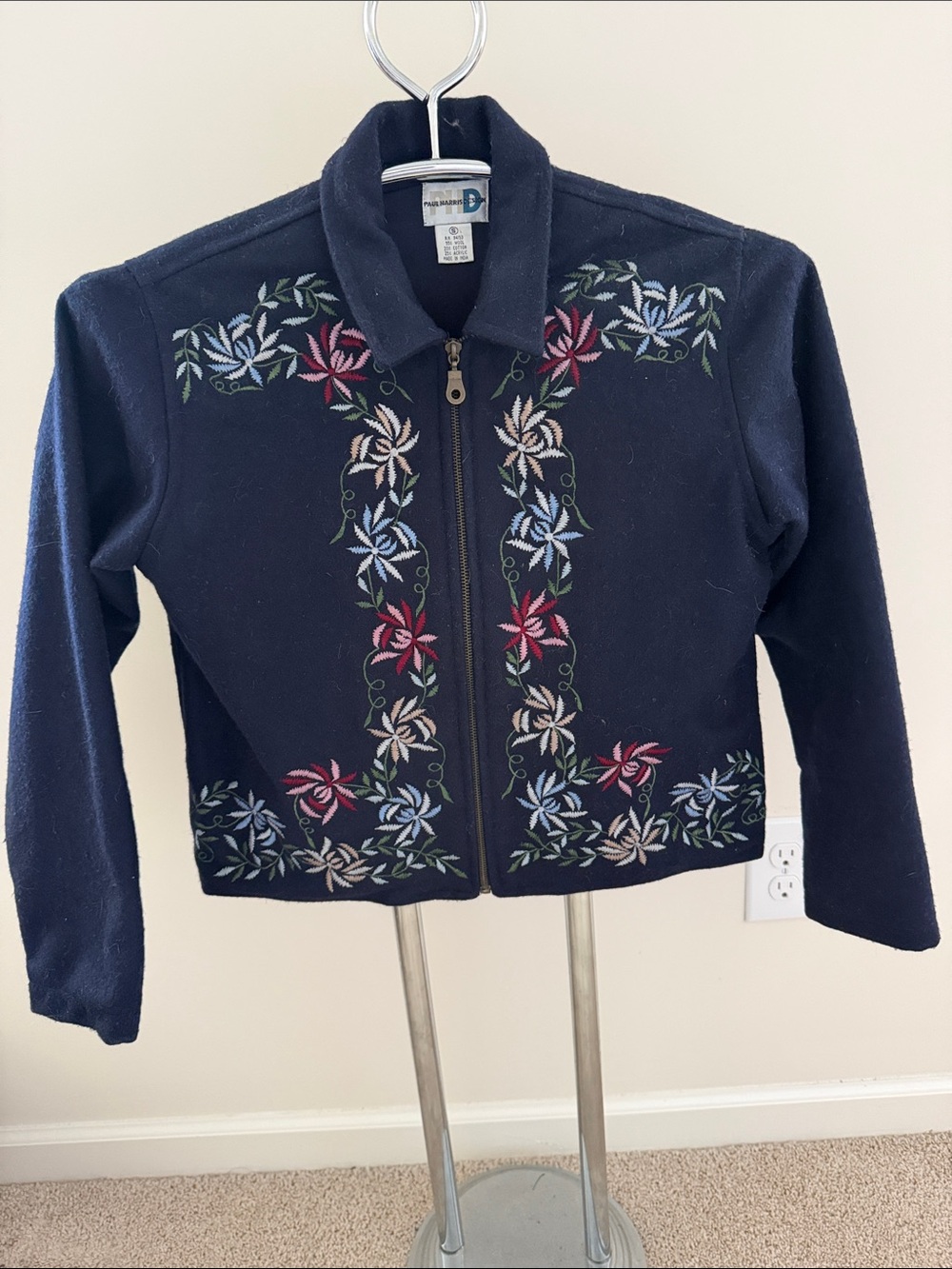 Embroidered Navy Zip-Front Wool Jacket by Paul Harris Design Size S